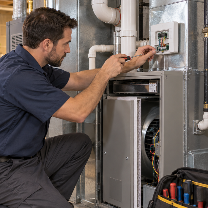 HVAC technician inspecting a residential furnace control system
