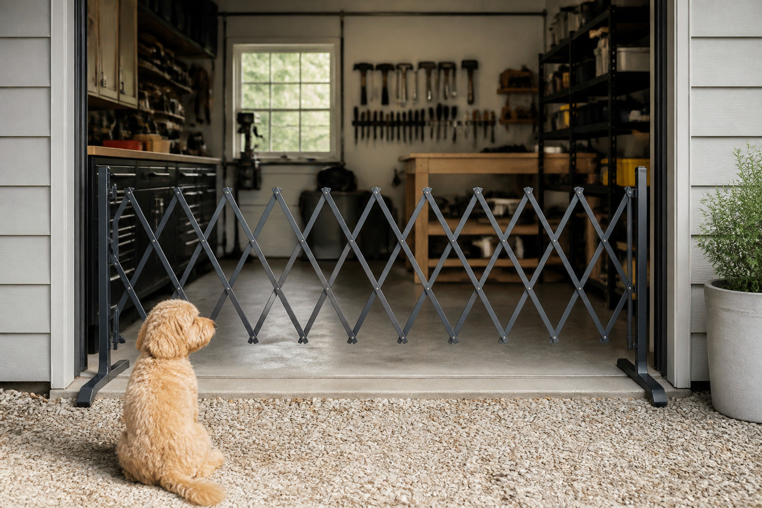 Expandable safety barrier blocking access to a home workshop