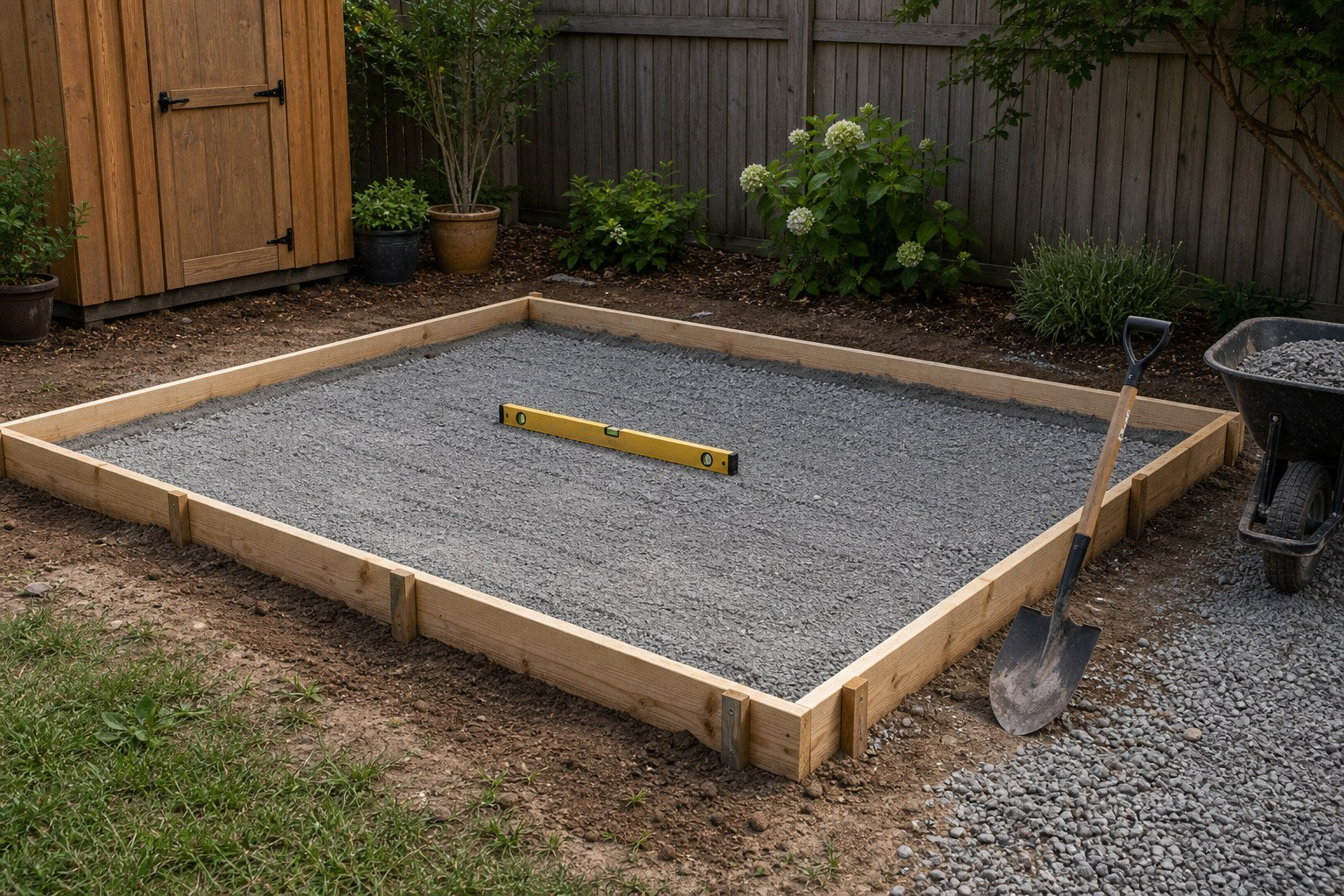 Concrete shed base form with compacted gravel in a backyard