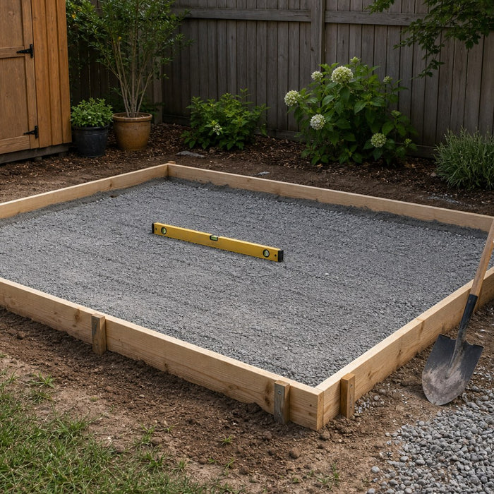 Concrete shed base form with compacted gravel in a backyard