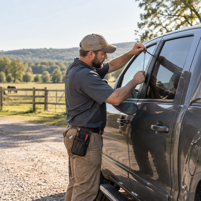 Professional locksmith carefully providing non-destructive vehicle entry at a rural homestead