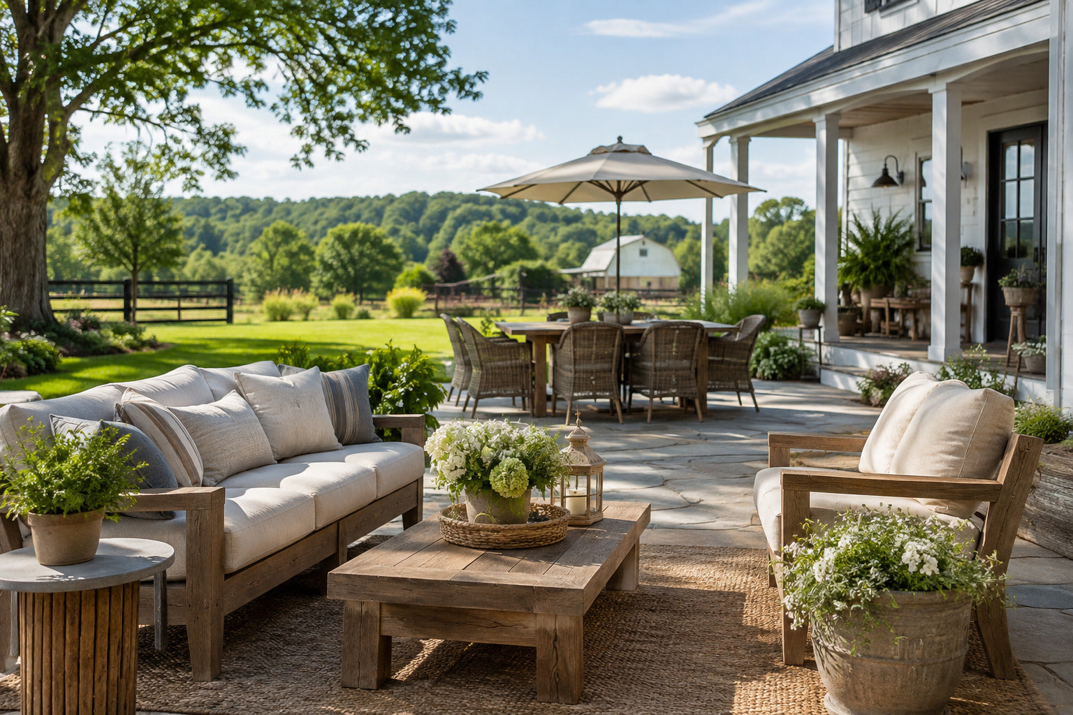 Cushioned outdoor seating and a coffee table on a landscaped patio