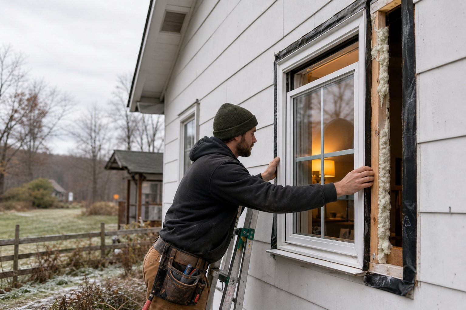 Installer fitting an energy-efficient window into a rural farmhouse