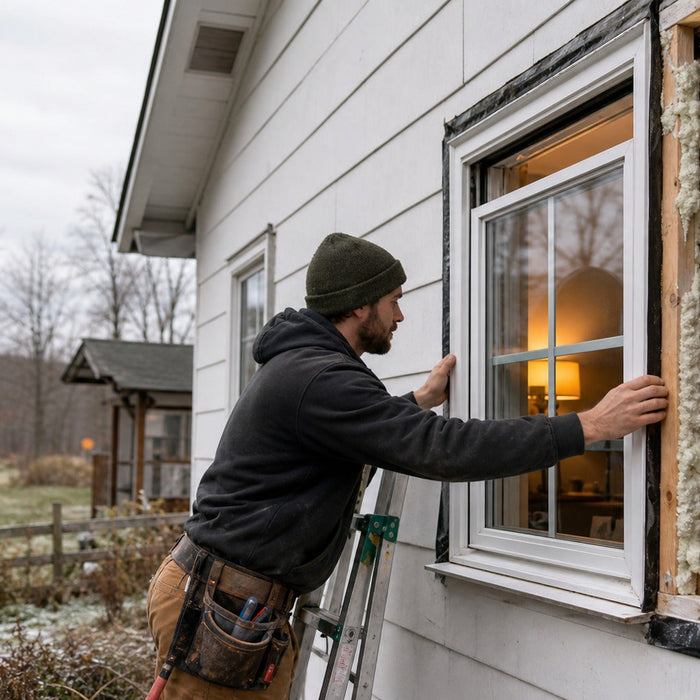 Installer fitting an energy-efficient window into a rural farmhouse