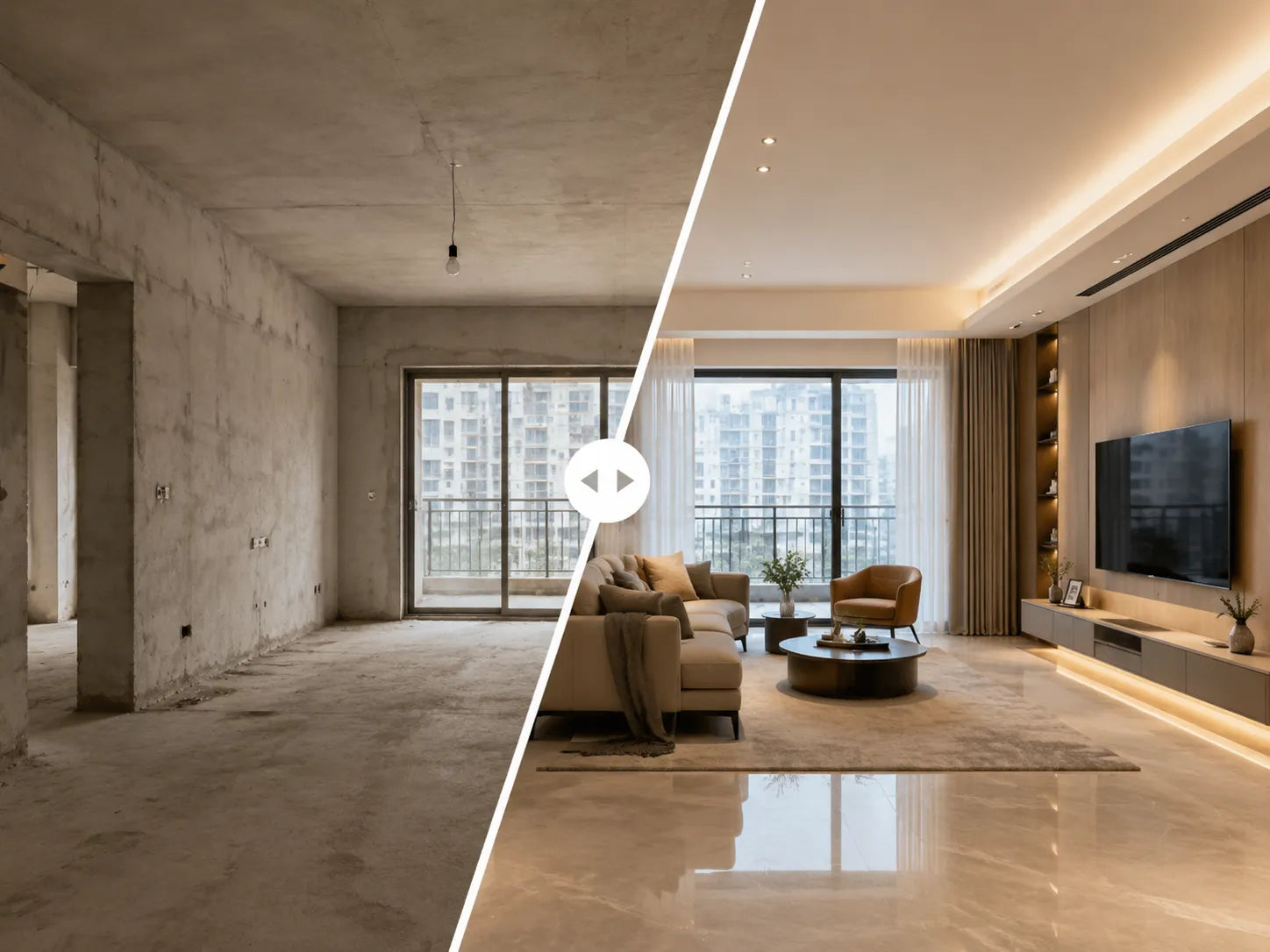 Unfinished room beside a completed modern living room during home planning