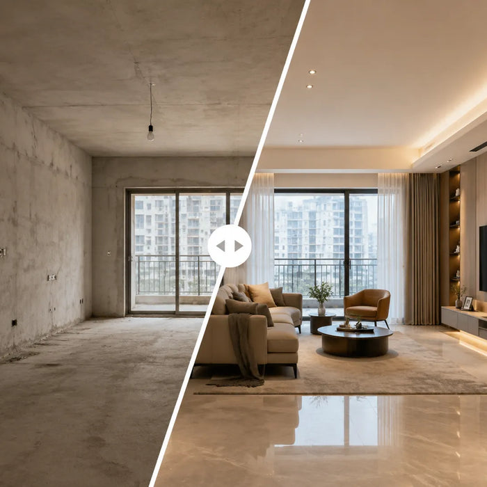 Unfinished room beside a completed modern living room during home planning