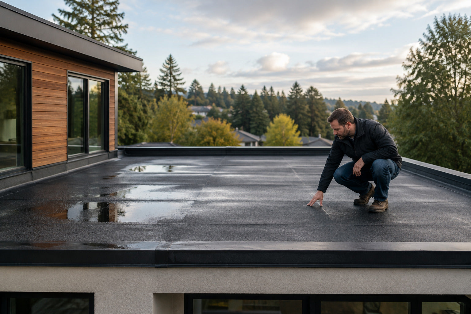 Person inspecting standing water on a flat roof