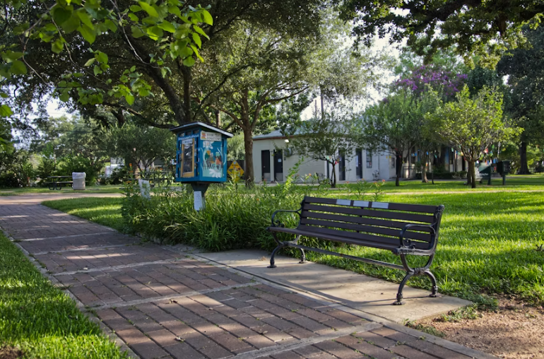Tree-lined neighborhood park with a bench and walking path