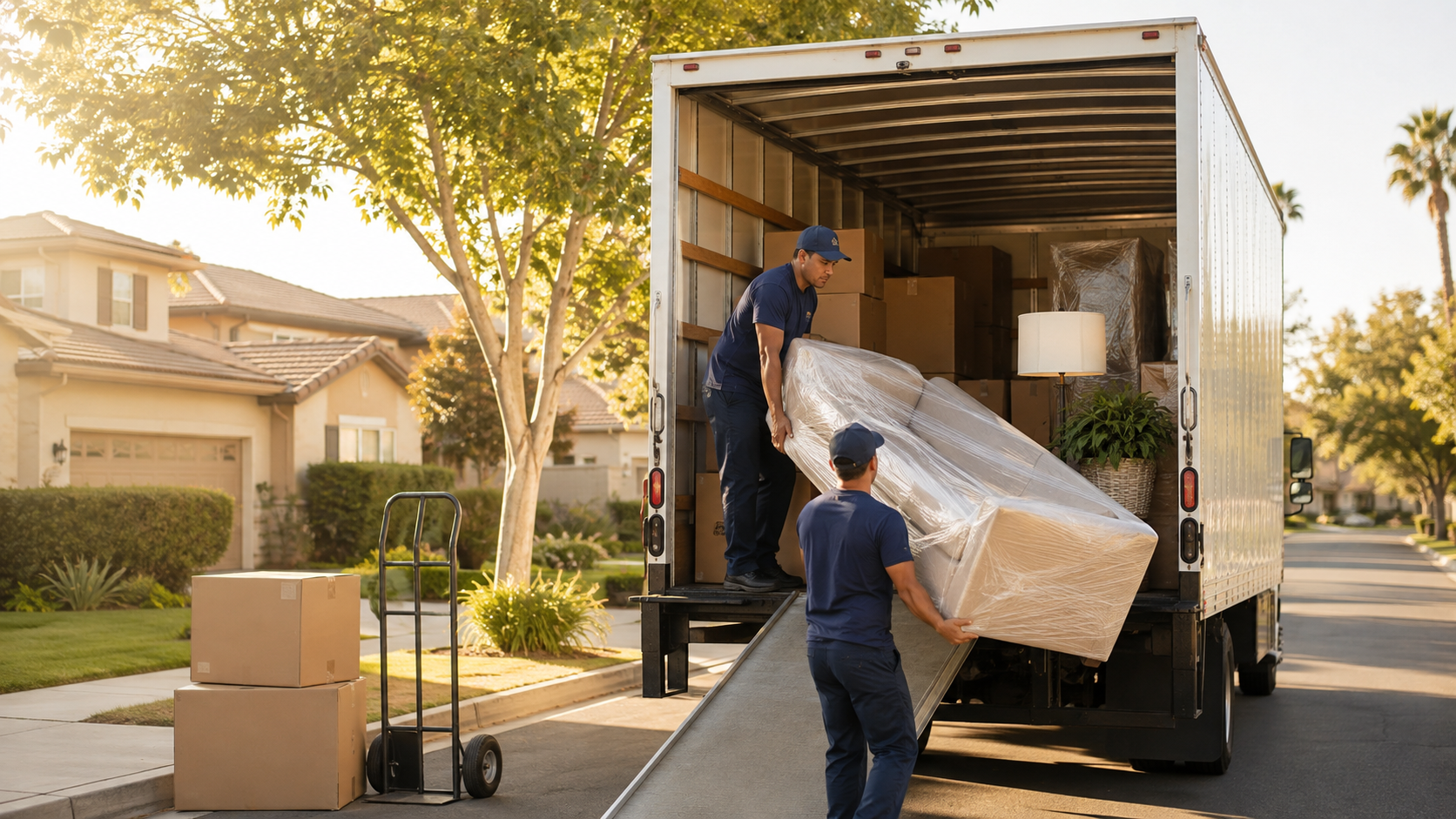 Professional movers loading household furniture into a truck in Fresno