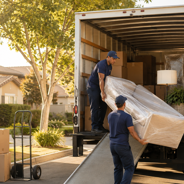 Professional movers loading household furniture into a truck in Fresno