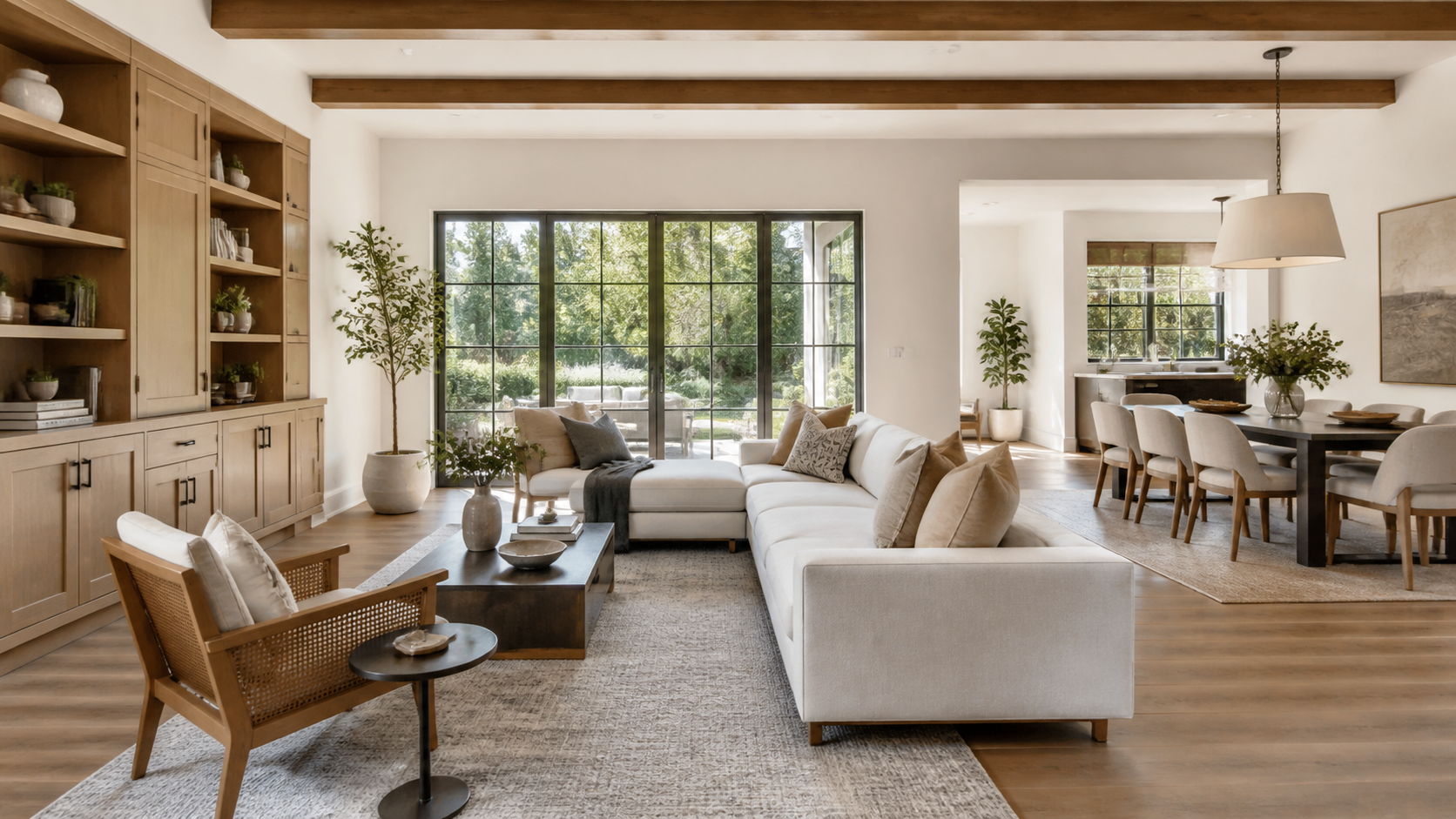 Well-planned living and dining room with coordinated furniture, lighting, and circulation