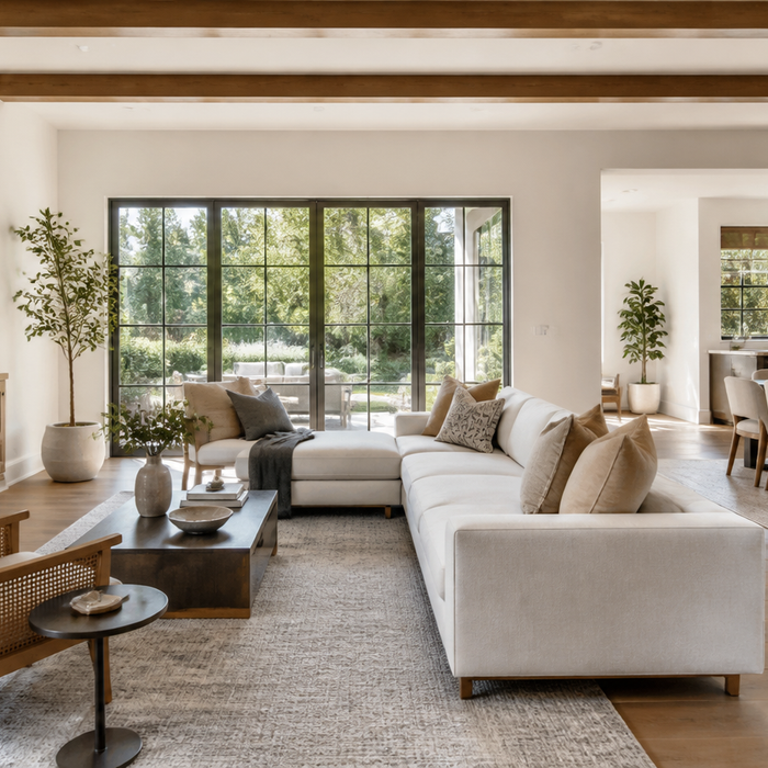 Well-planned living and dining room with coordinated furniture, lighting, and circulation