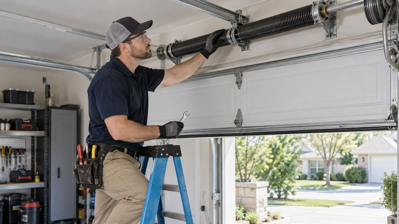 Professional inspecting a garage door torsion spring