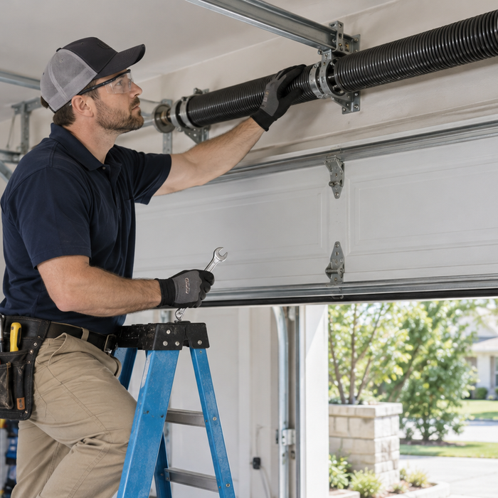 Professional inspecting a garage door torsion spring