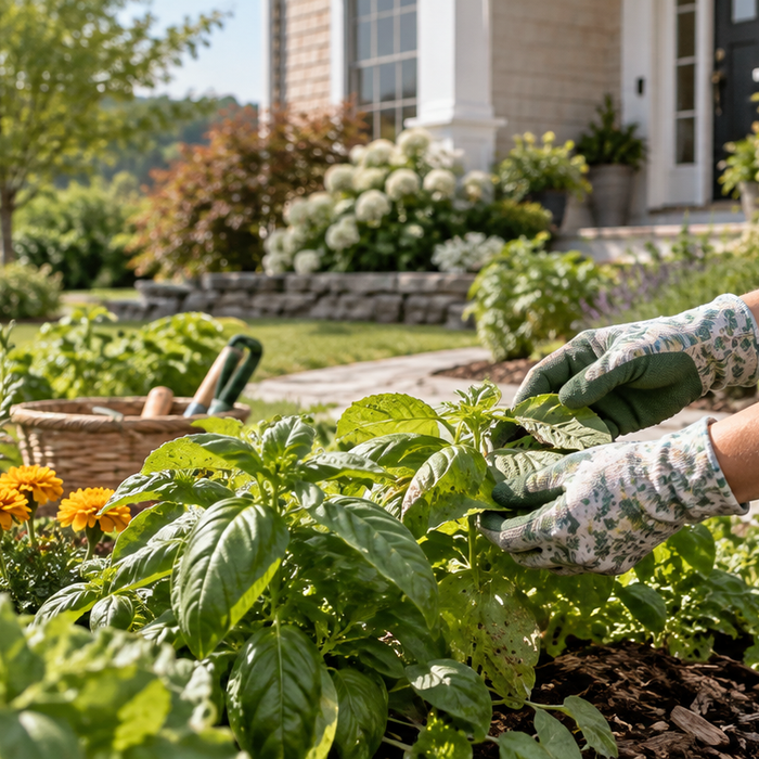 Gardener inspecting healthy plants for pest prevention