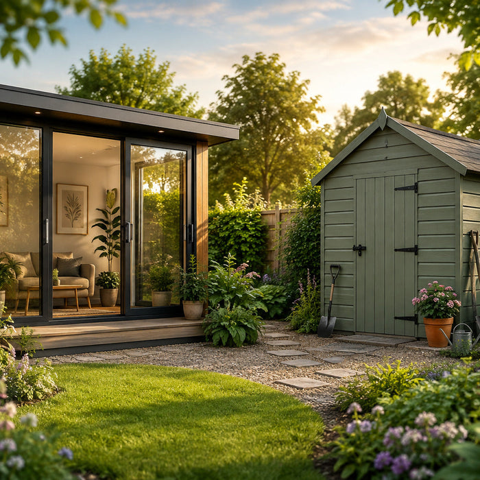 Glass-fronted garden room beside a traditional wooden shed