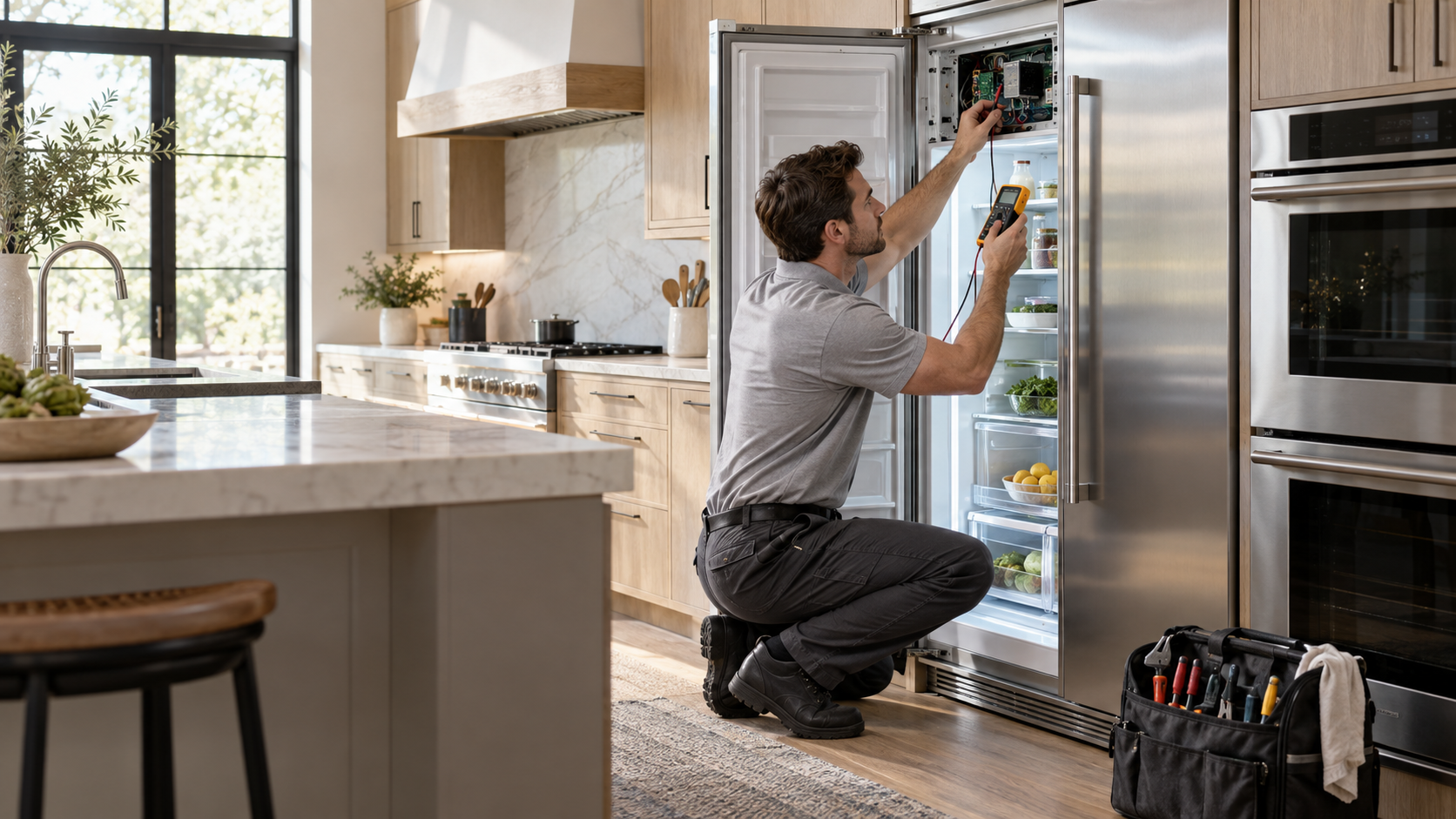 Appliance technician inspecting a built-in refrigerator in a modern kitchen