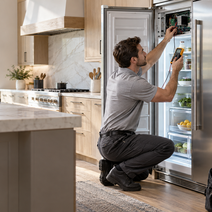 Appliance technician inspecting a built-in refrigerator in a modern kitchen