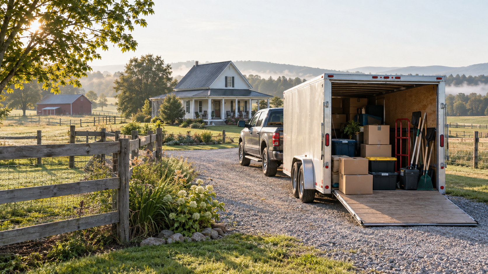 Pickup truck and moving trailer arriving at a rural homestead