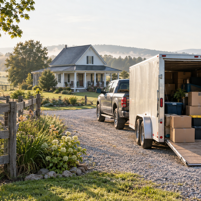 Pickup truck and moving trailer arriving at a rural homestead