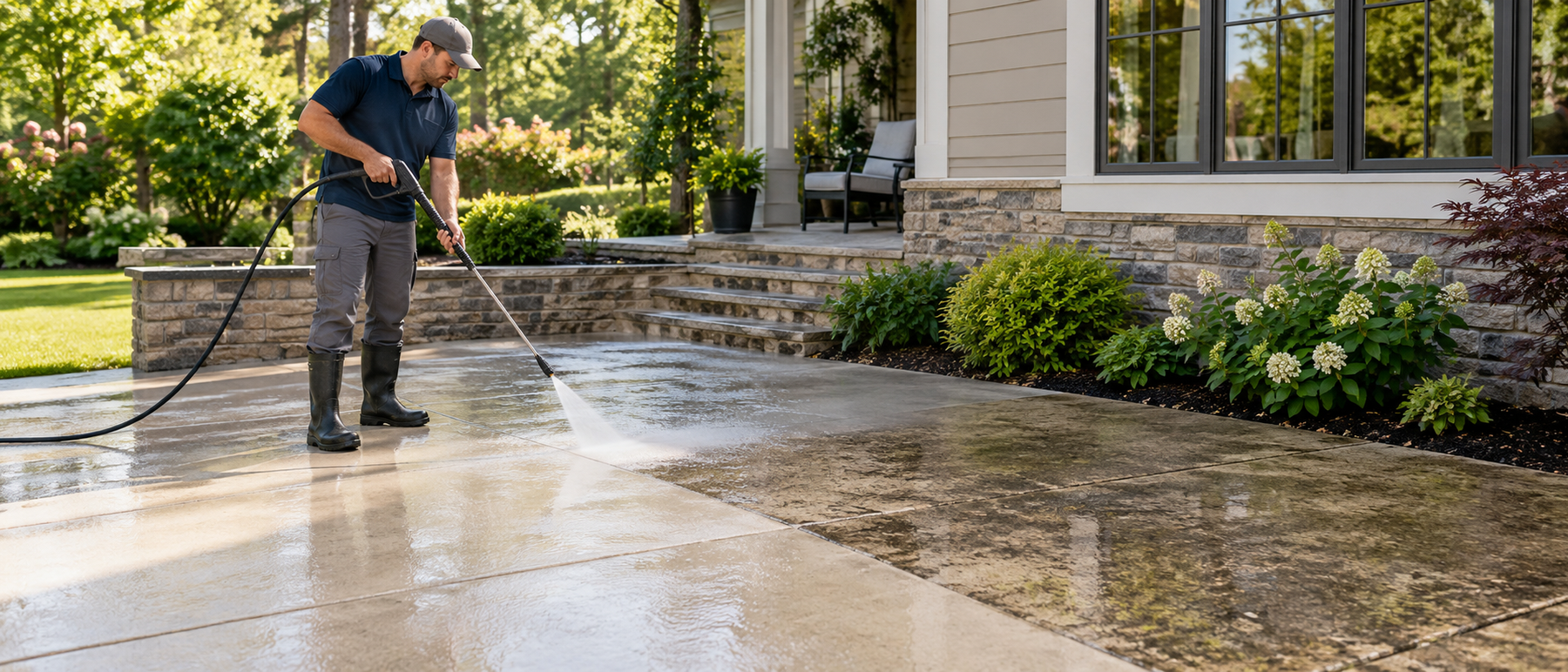 Professional pressure washing restores a residential concrete patio