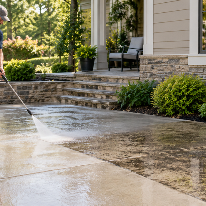 Professional pressure washing restores a residential concrete patio