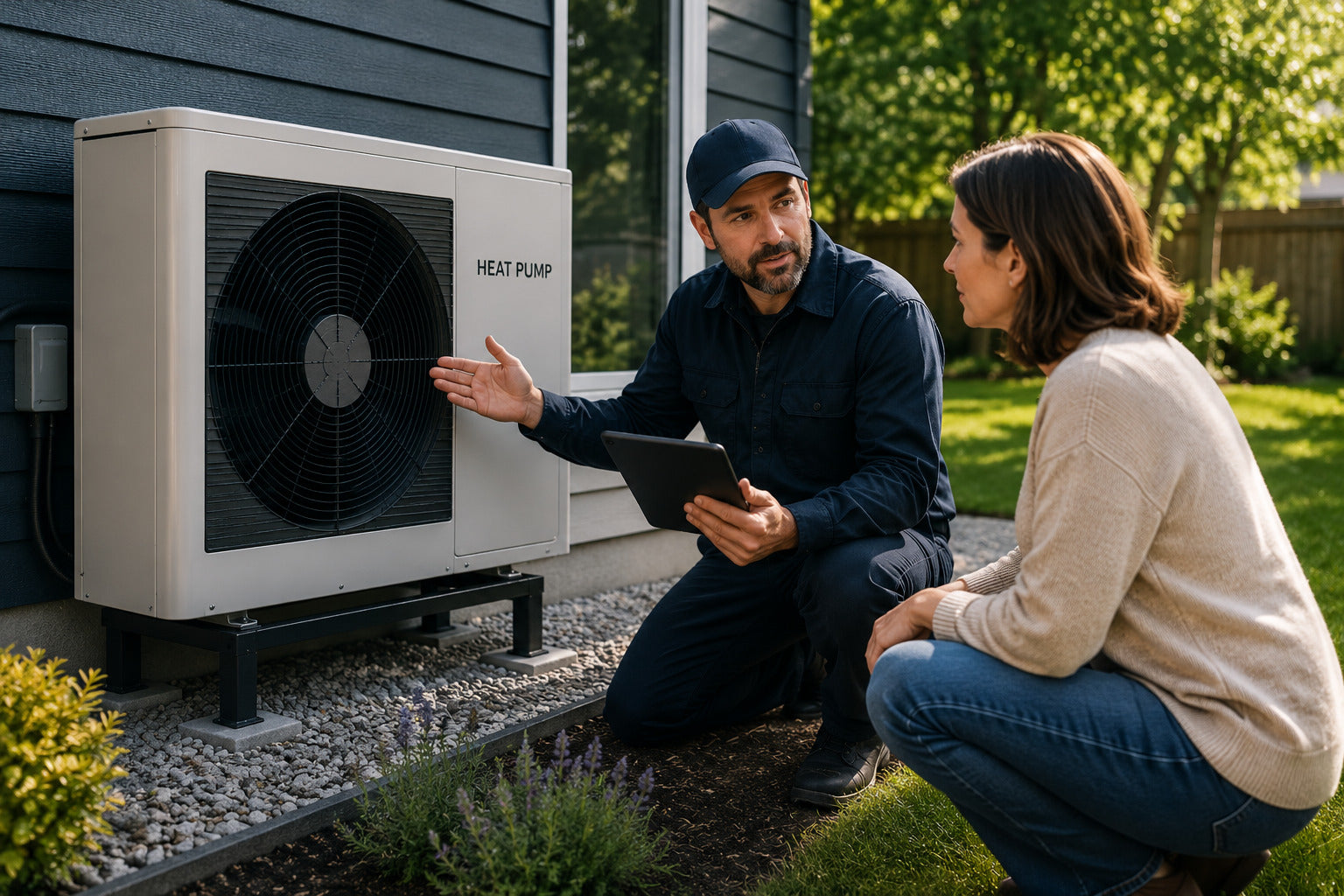 Installer discussing an outdoor heat pump with a homeowner