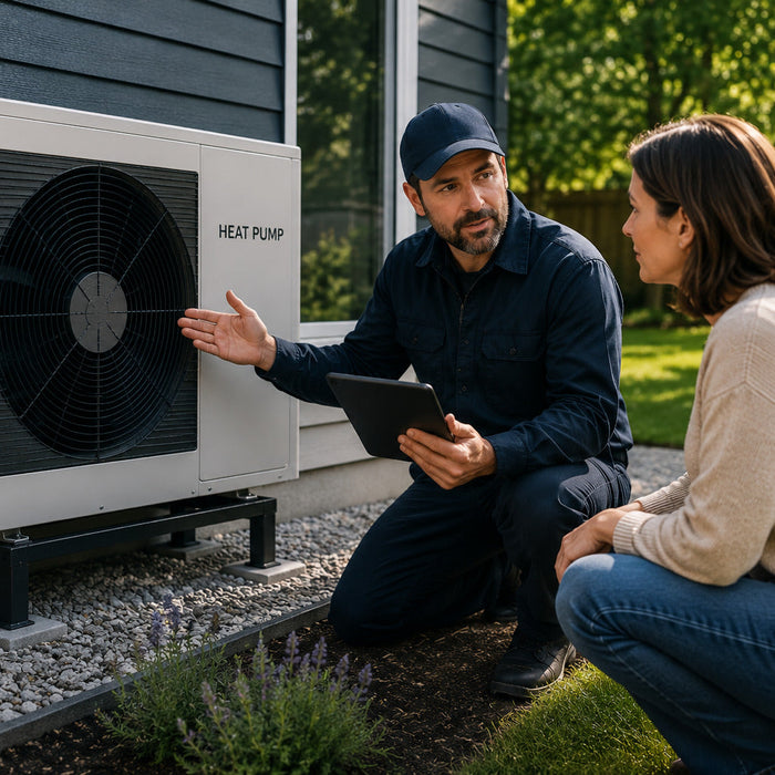Installer discussing an outdoor heat pump with a homeowner