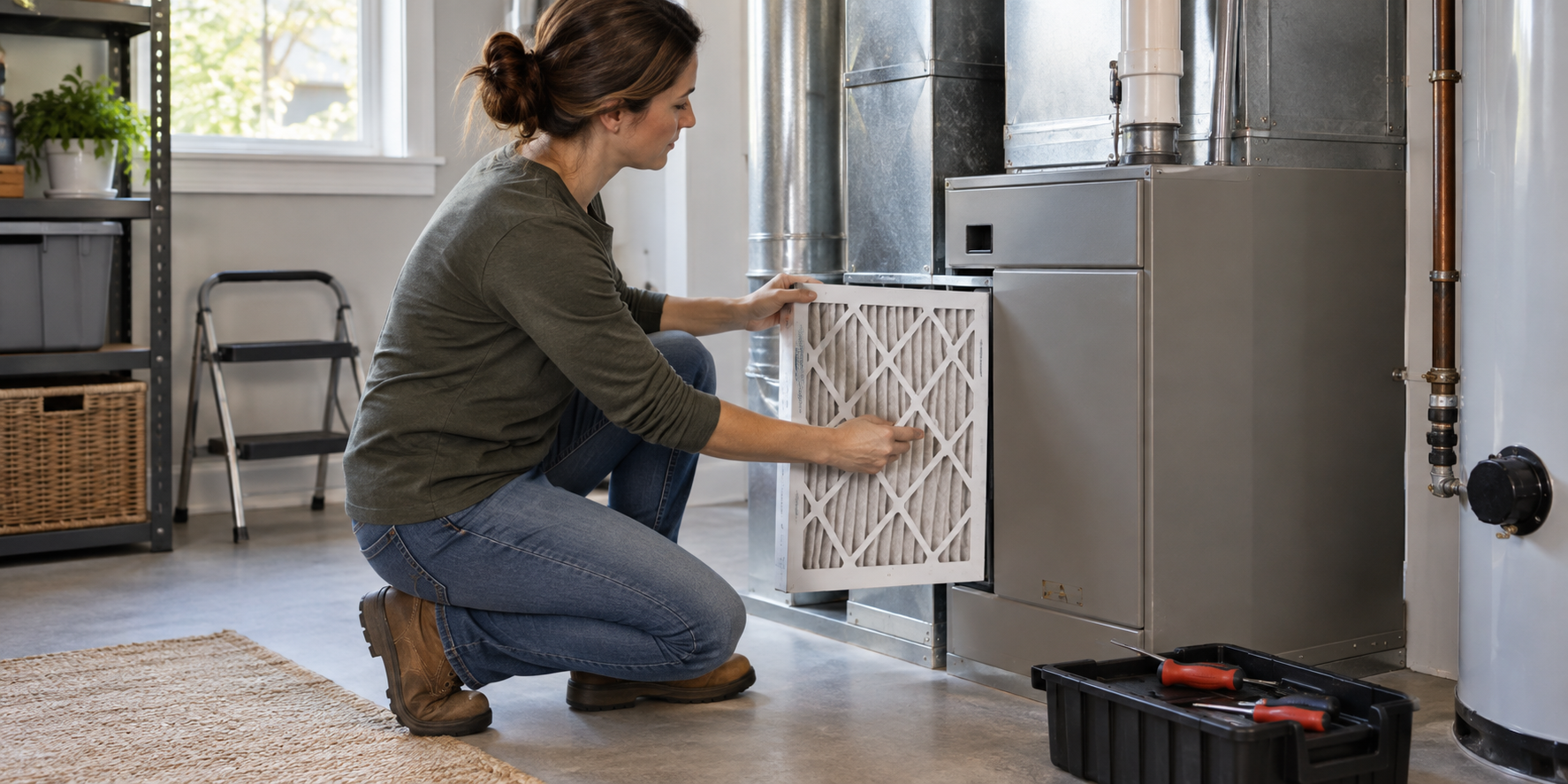 Homeowner replacing a furnace air filter during routine heating maintenance