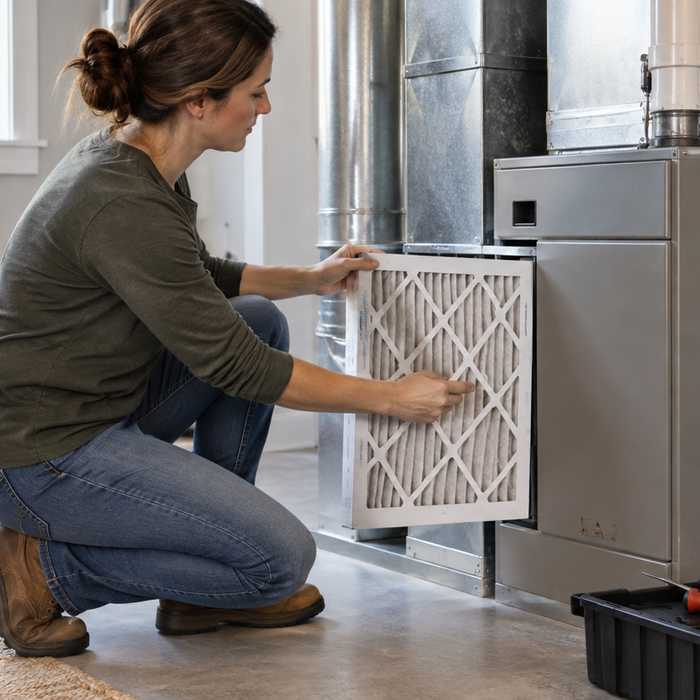 Homeowner replacing a furnace air filter during routine heating maintenance