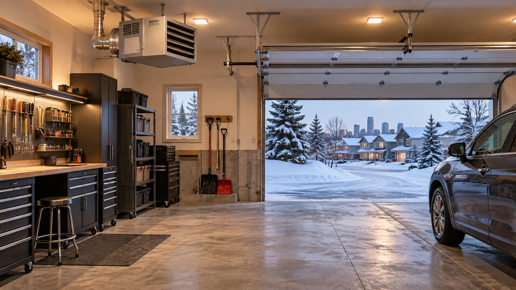 Insulated Calgary garage with a ceiling-mounted gas unit heater during winter