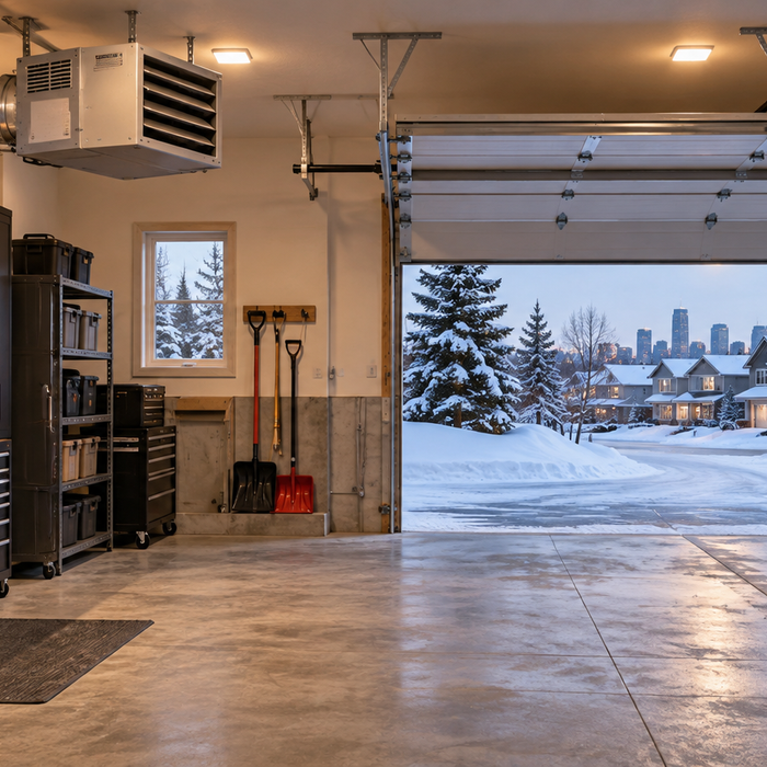 Insulated Calgary garage with a ceiling-mounted gas unit heater during winter