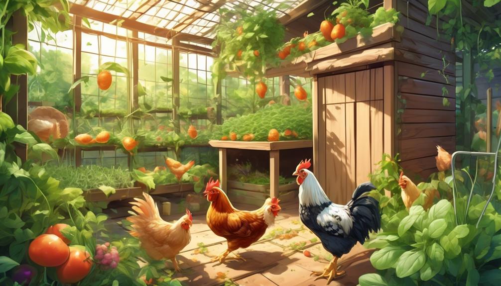 Illustration of chickens in a greenhouse-style herb garden beside a coop