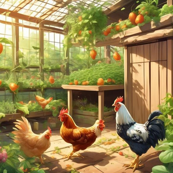Illustration of chickens in a greenhouse-style herb garden beside a coop