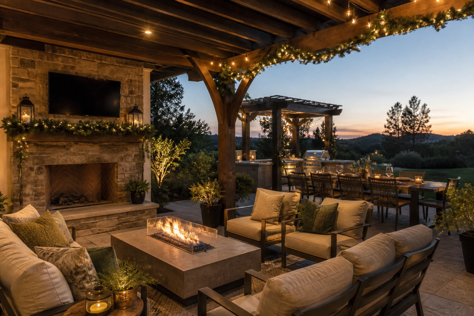 Covered outdoor living space decorated for holiday entertaining