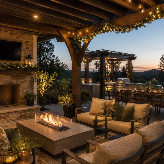 Covered outdoor living space decorated for holiday entertaining