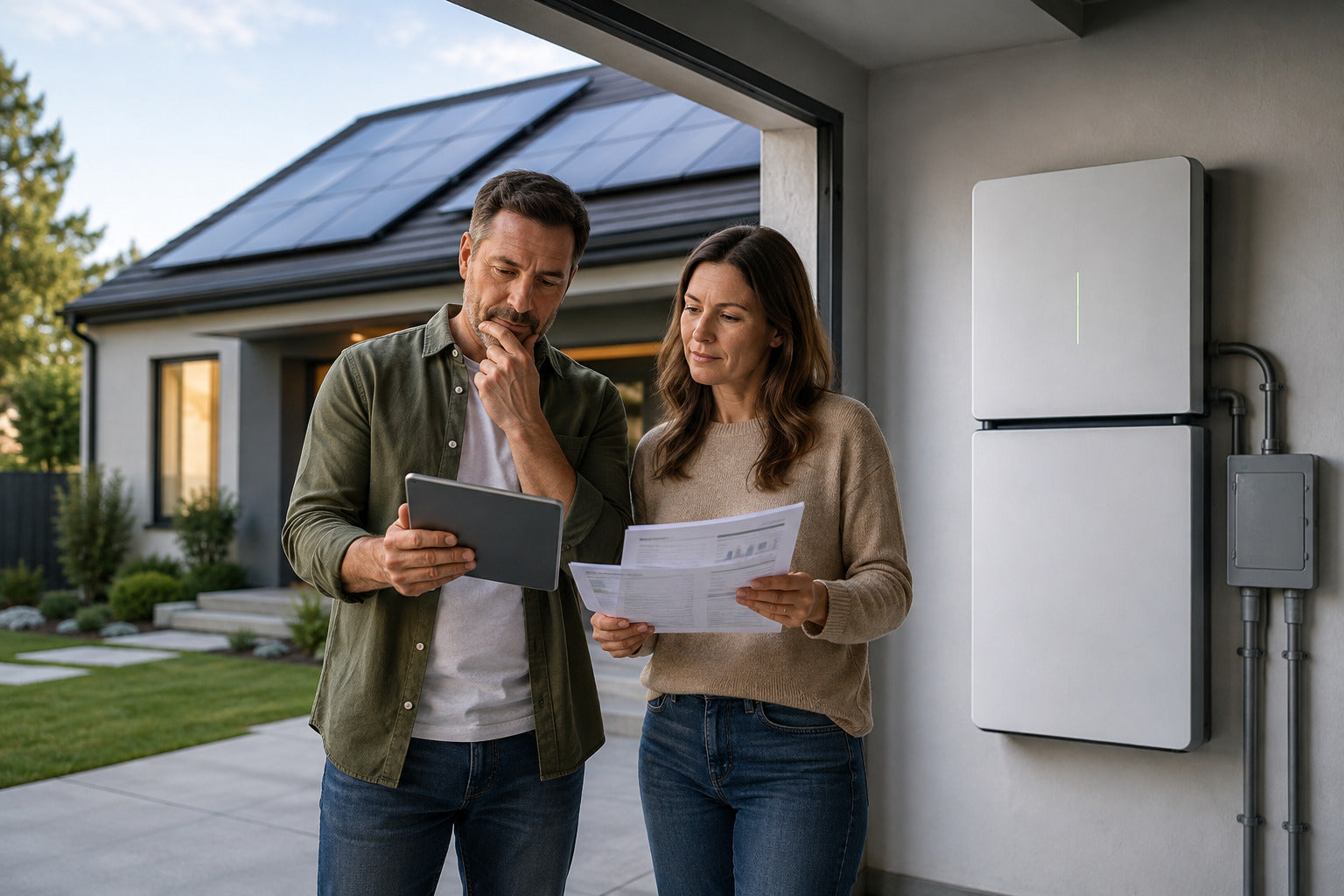 Couple reviewing paperwork beside a wall-mounted home battery