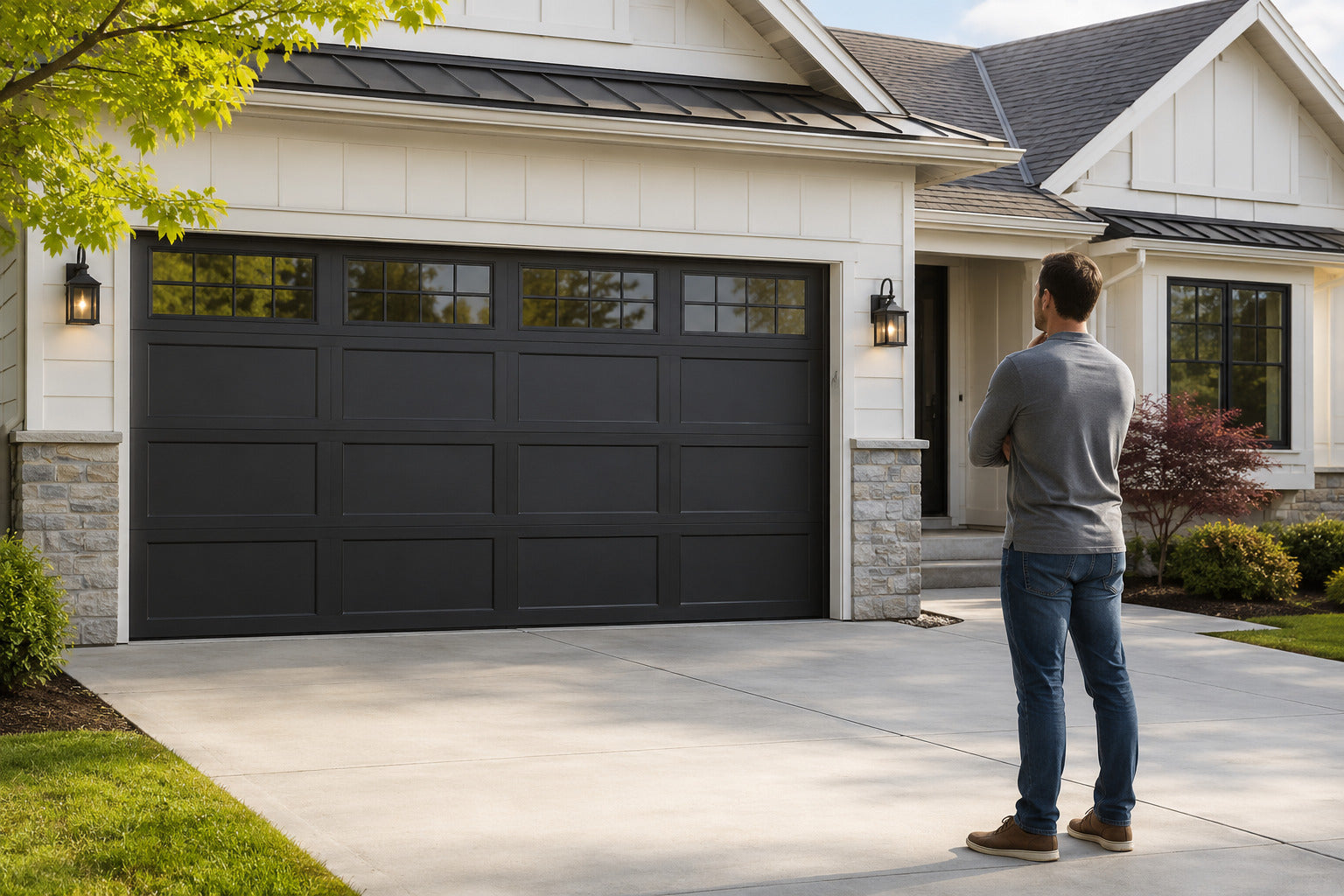 Homeowner standing in a driveway facing a paneled garage door