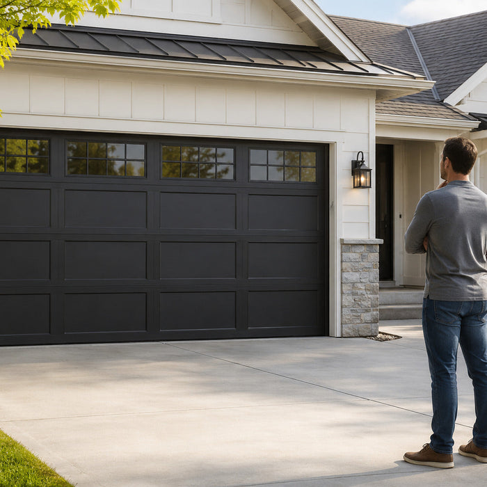 Homeowner standing in a driveway facing a paneled garage door