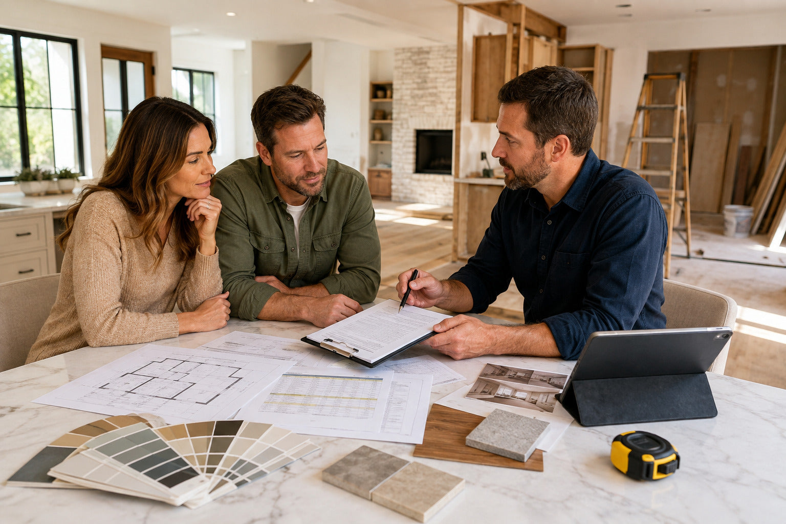 Homeowners reviewing plans and material samples with a contractor