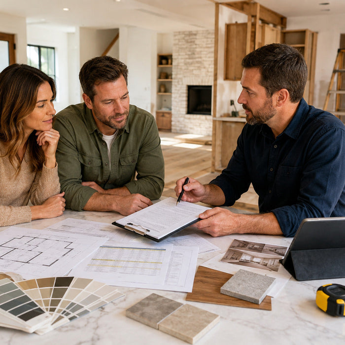 Homeowners reviewing plans and material samples with a contractor