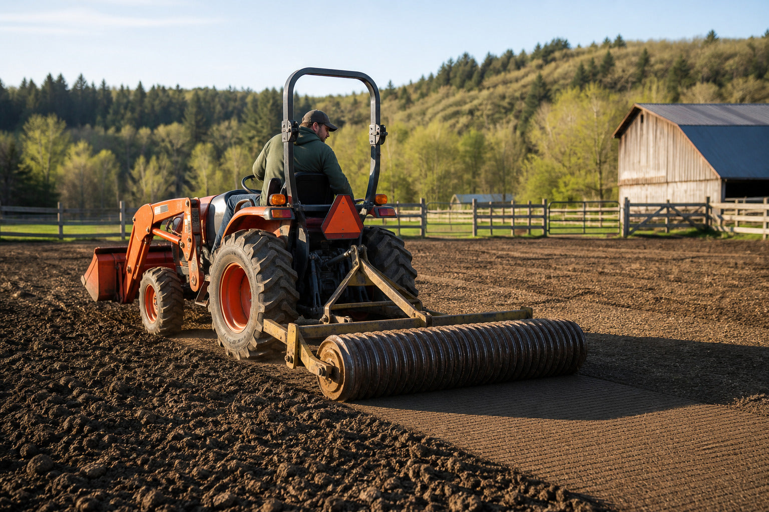 Compact tractor pulling a cultipacker across prepared homestead soil