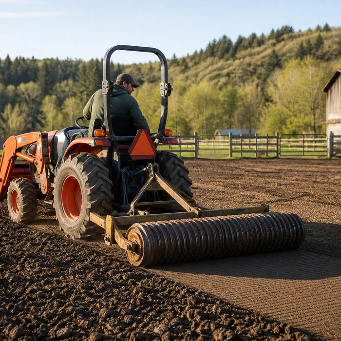 Compact tractor pulling a cultipacker across prepared homestead soil