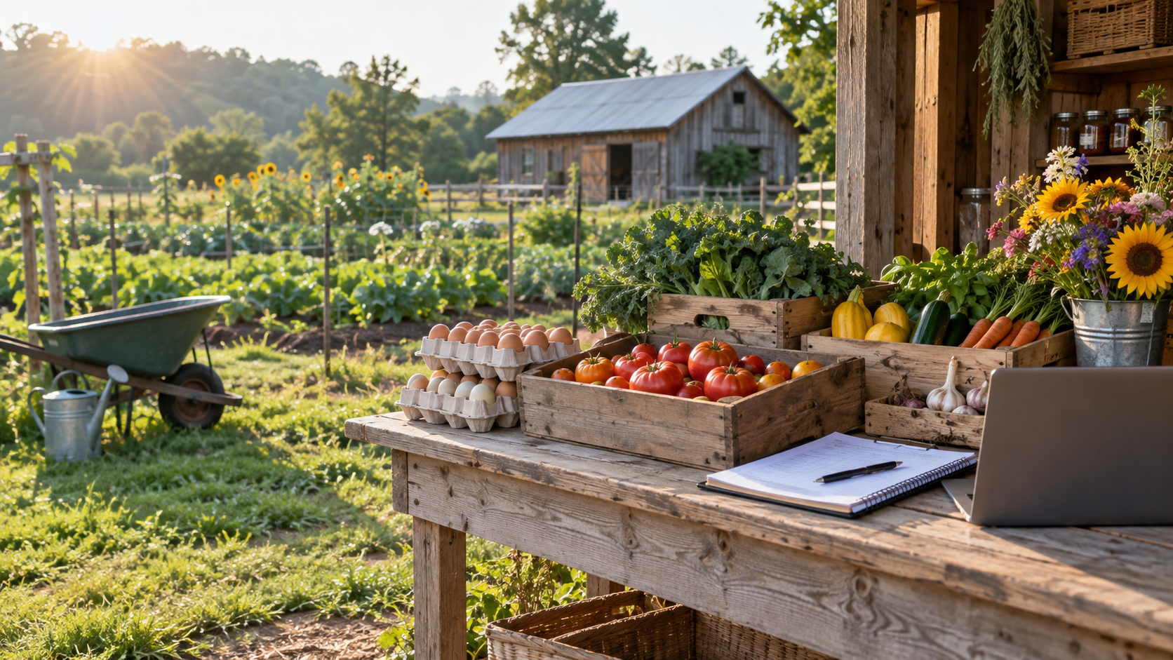 Eggs and fresh produce prepared for sale at a small homestead farm stand
