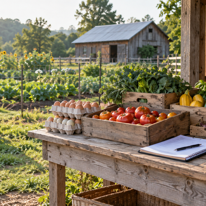 Eggs and fresh produce prepared for sale at a small homestead farm stand