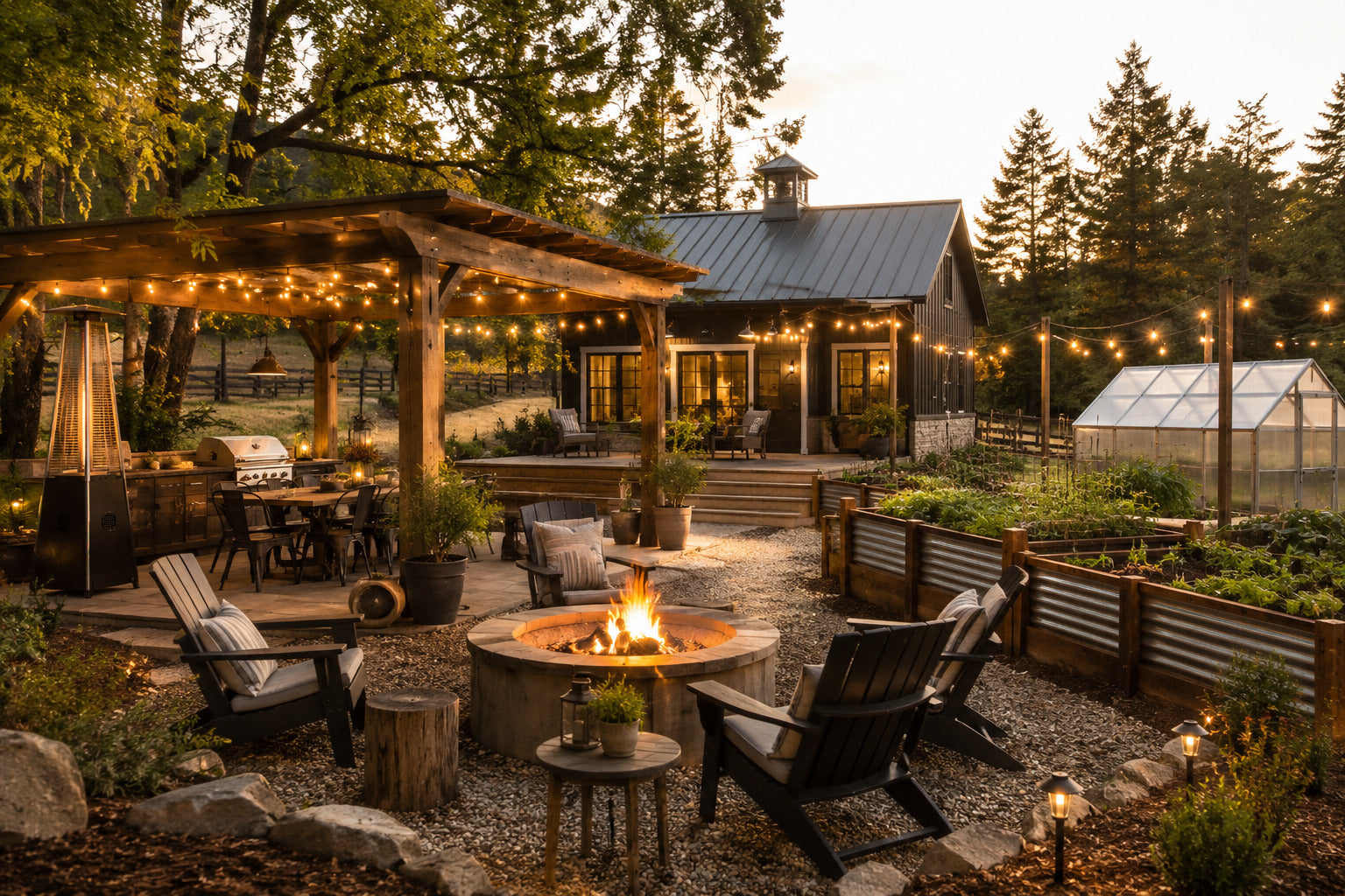 Outdoor seating around a fire pit near a pergola and greenhouse