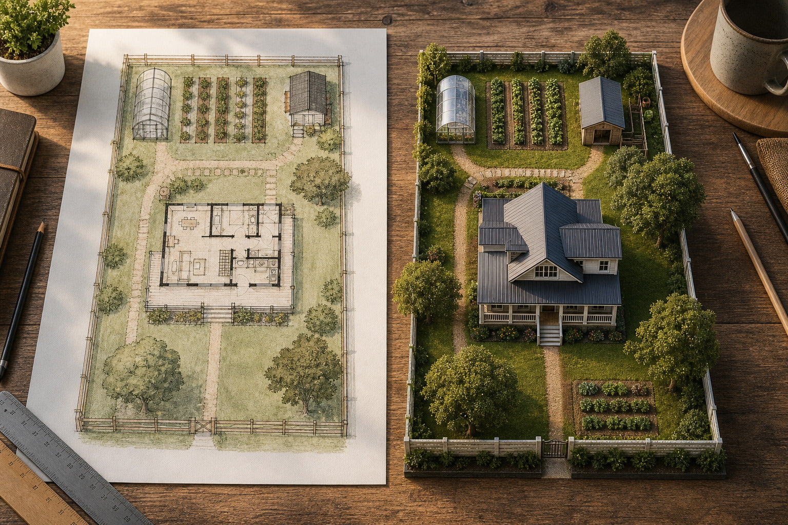 Homestead site plan beside its matching 3D property model