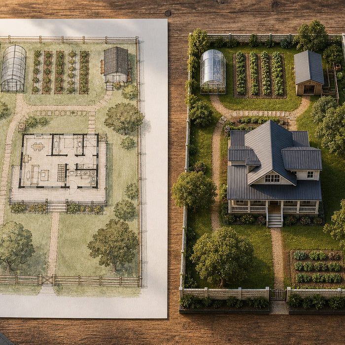 Homestead site plan beside its matching 3D property model