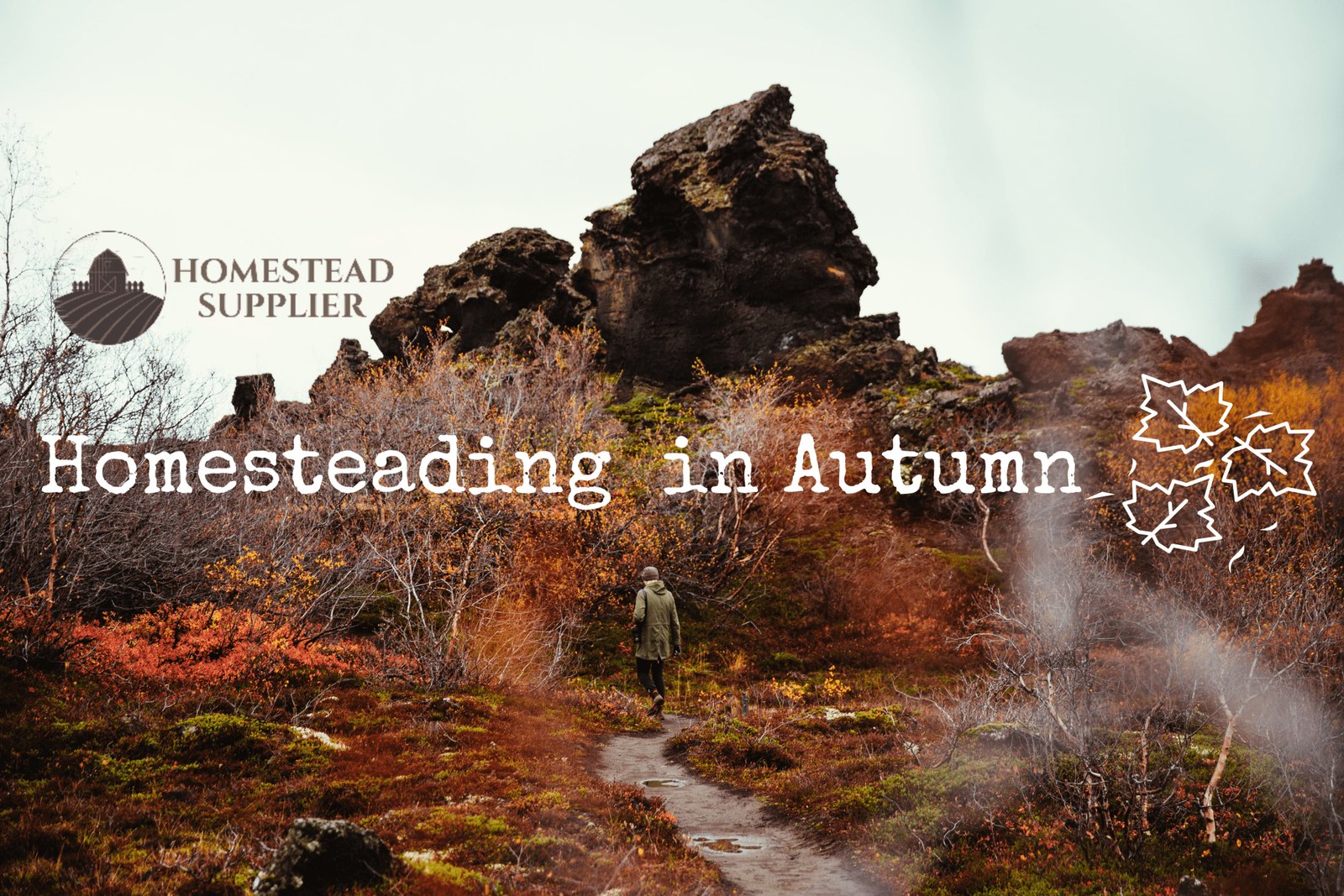 Homesteading in Autumn graphic over a rocky fall landscape