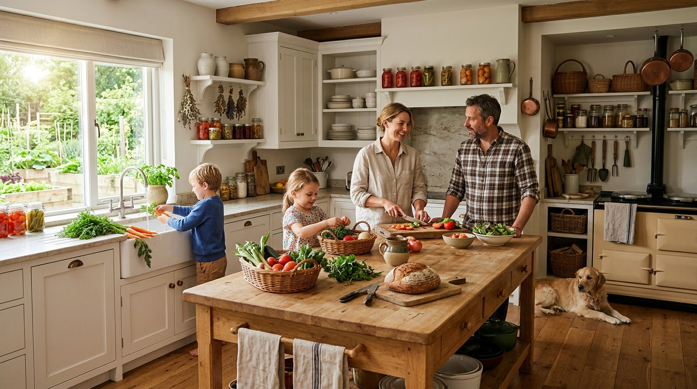Spacious farmhouse kitchen with a family preparing fresh garden vegetables on a wooden island